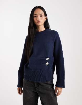 Asos Design Fluffy Knit Sweater With Metal Hardware In Blue