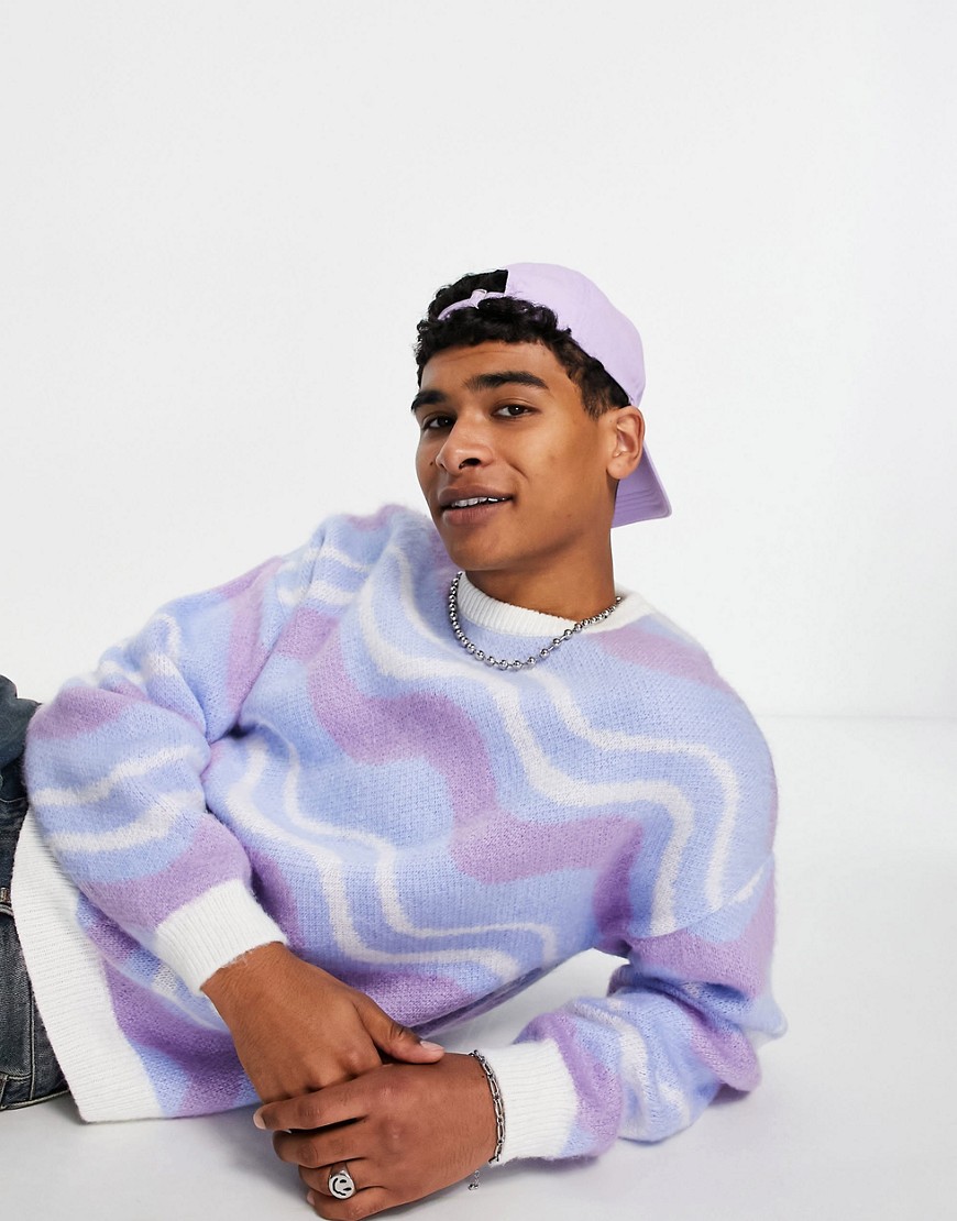 ASOS DESIGN fluffy knit sweater with wavey stripe in pastel tones-Multi