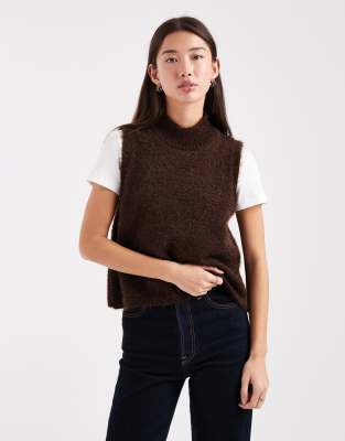 Asos Design Fluffy Knit Tank Top With High Neck In Brown