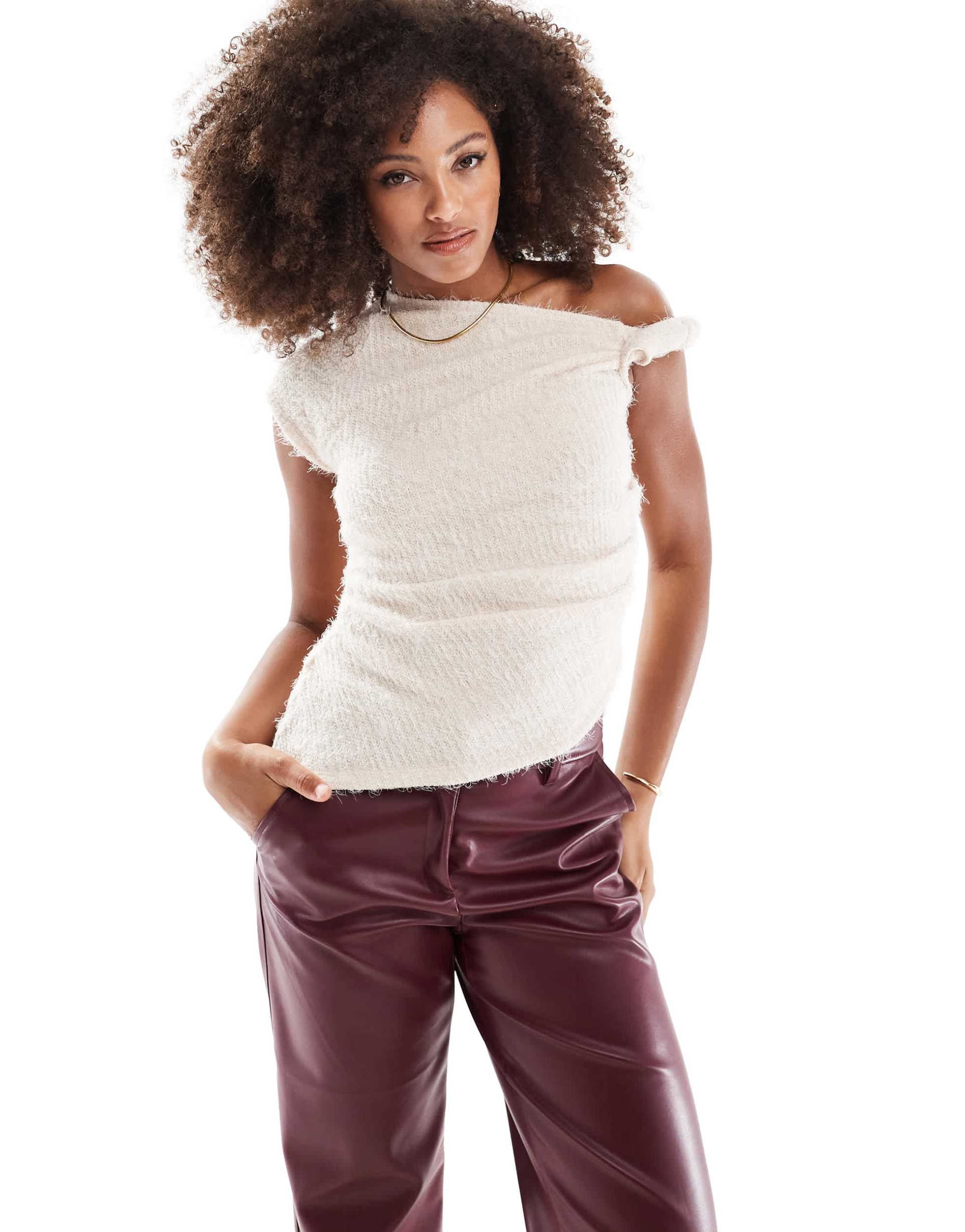 asos design fluffy knit twisted strap top in cream