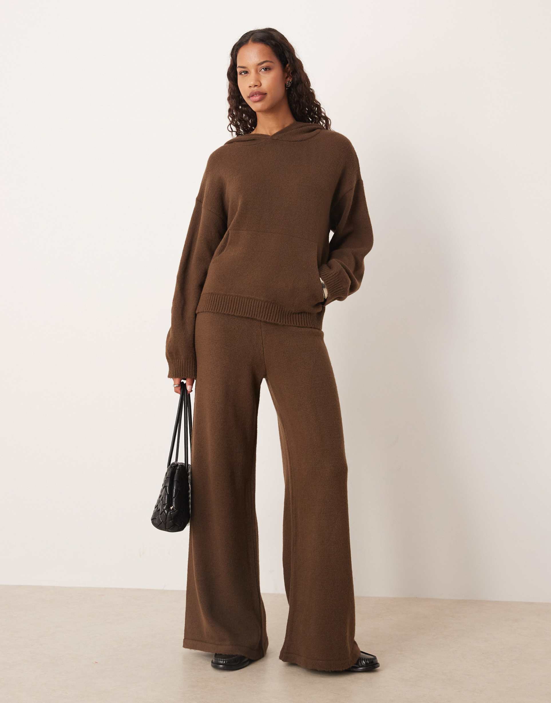 asos design fluffy knit wide leg pants in chocolate brown - part of a set