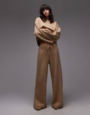 Asos Design Fluffy Knit Wide Leg Pants In Brown