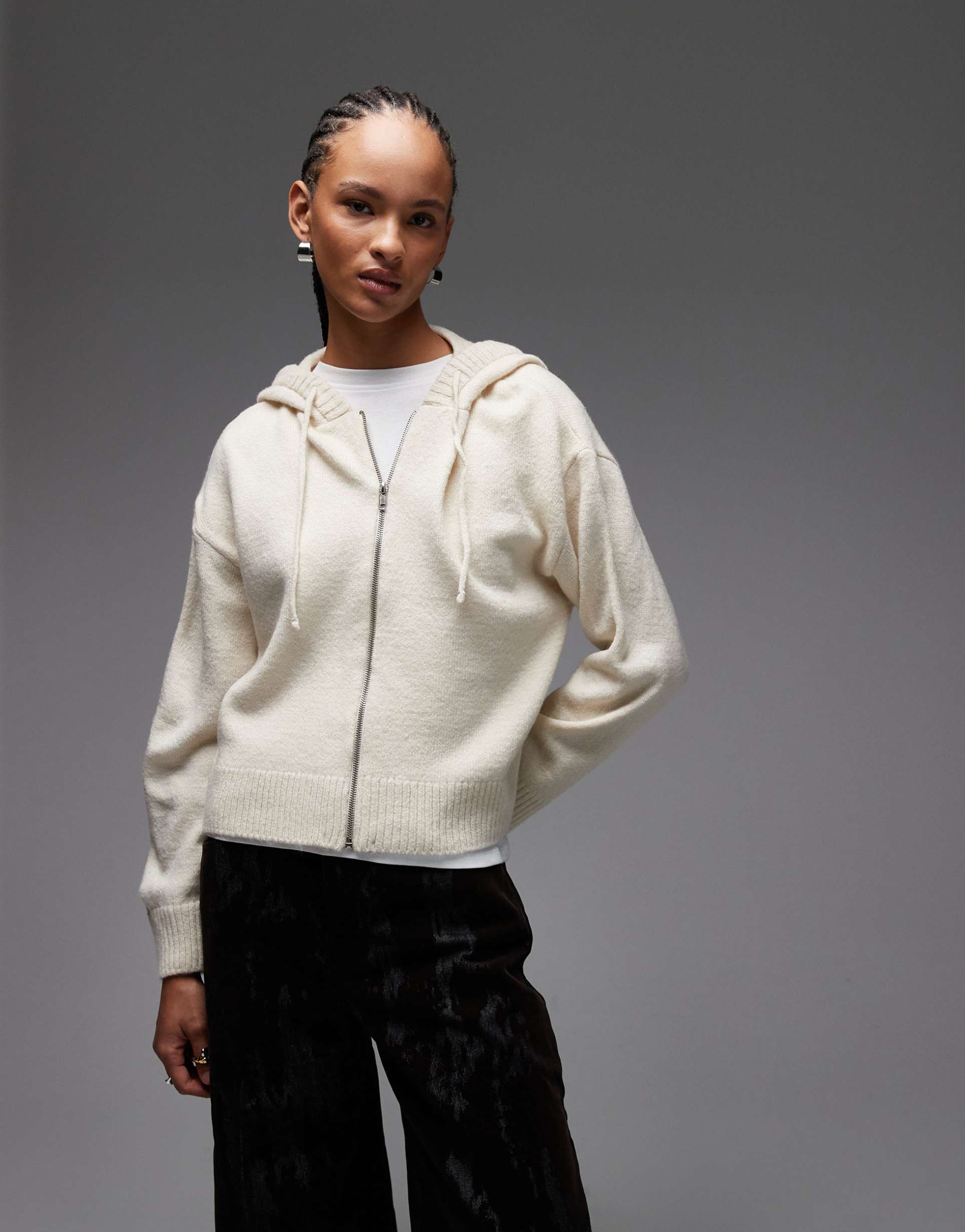 asos design fluffy knit zip up hoodie in ecru cable stitch