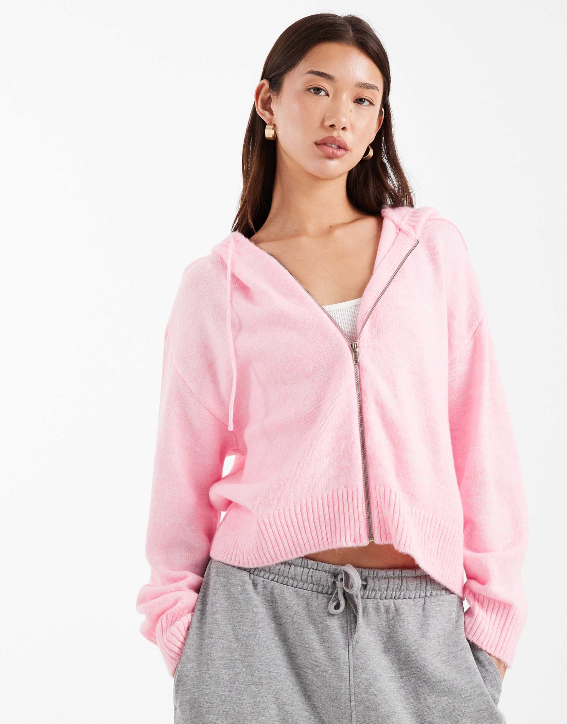 asos design fluffy knit zip up hoodie in light pink