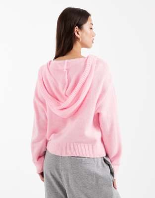Asos Design Fluffy Knit Zip Up Hoodie In Pink