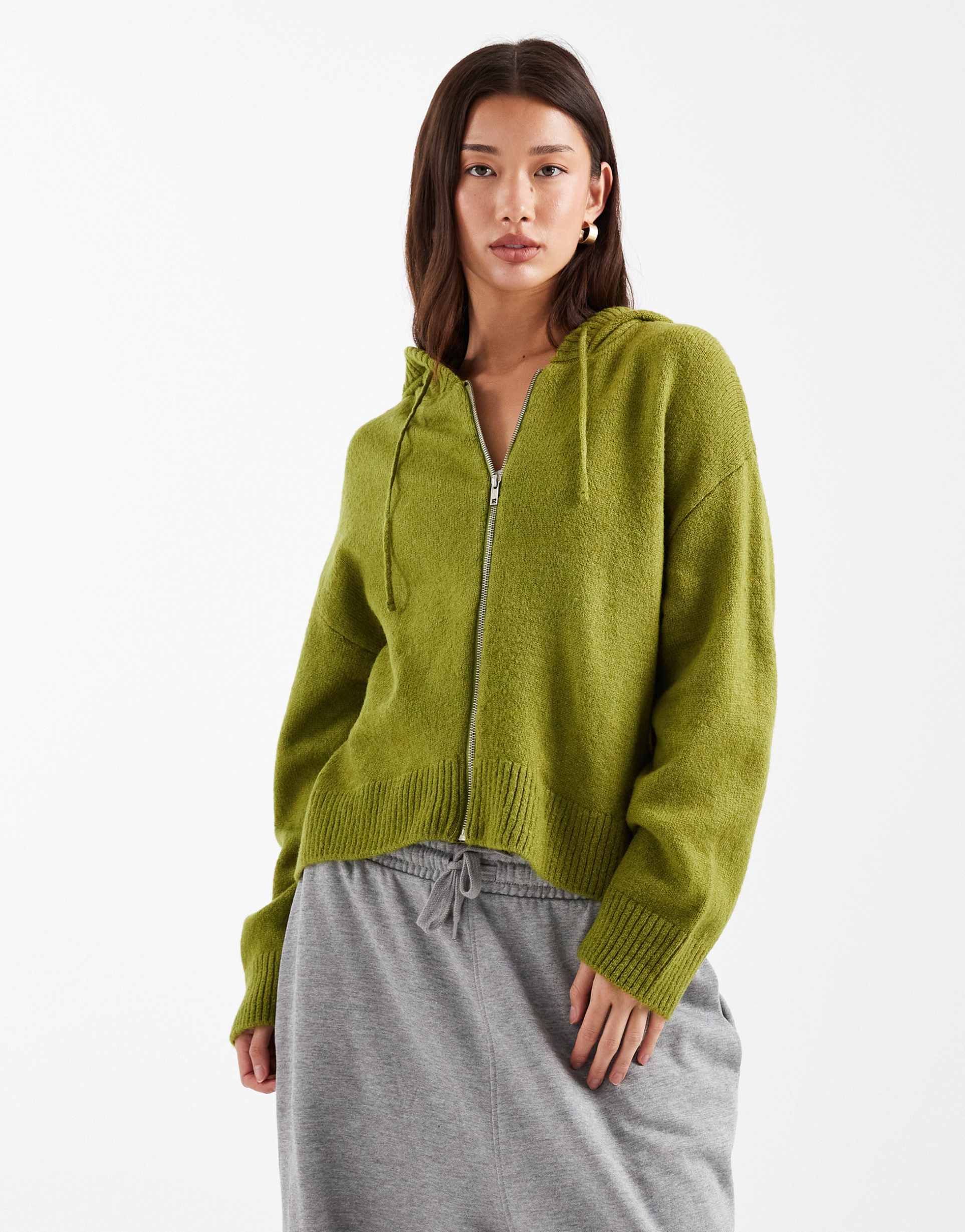 asos design fluffy knit zip up hoodie in olive