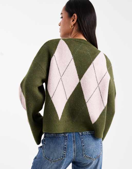 ASOS DESIGN fluffy knitted argyle jumper in khaki, 3 of 4