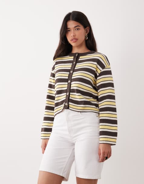 ASOS DESIGN fluffy knitted boxy fit cardigan in buttermilk and brown - view 1