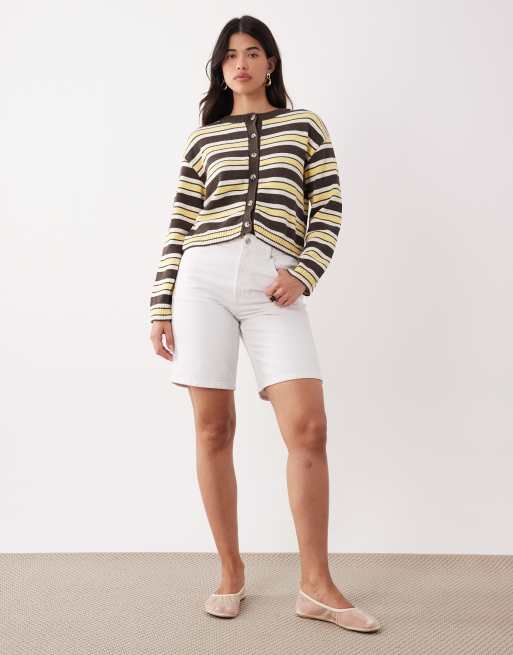 ASOS DESIGN fluffy knitted boxy fit cardigan in buttermilk and brown, 2 of 4