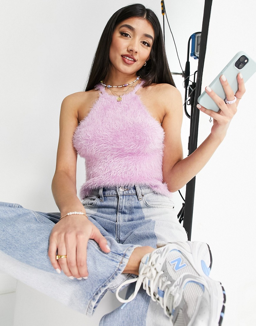ASOS DESIGN fluffy knitted cami with halter neck-Pink