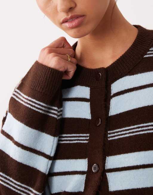 ASOS DESIGN fluffy knitted cardigan in brown and blue stripe, 3 of 4