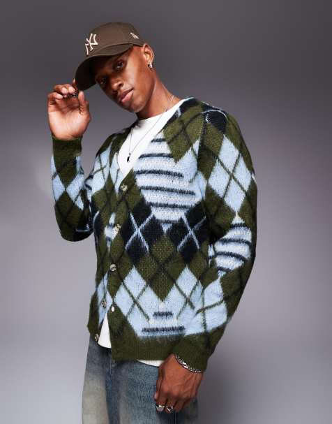 ASOS DESIGN fluffy knitted cardigan with argyle pattern in blue - view 1