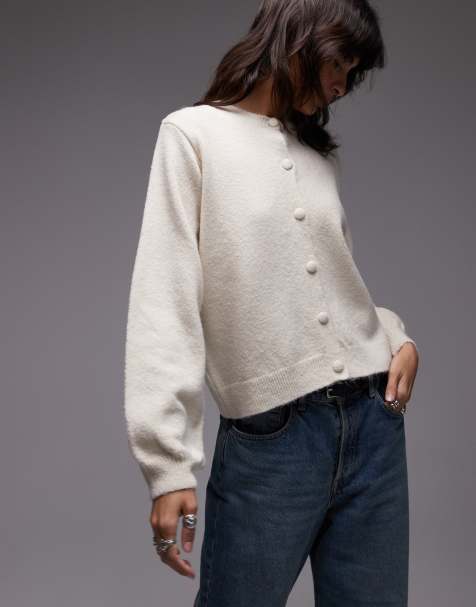ASOS DESIGN fluffy knitted cardigan with blouson sleeve detail in cream - view 1