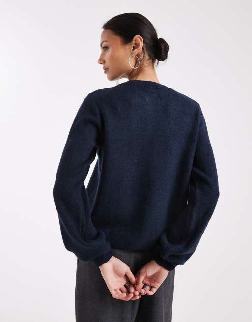 ASOS DESIGN fluffy knitted cardigan with blouson sleeve detail in navy, 4 of 4
