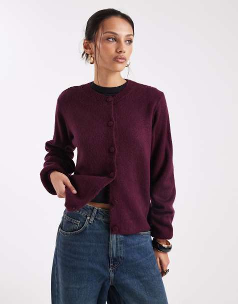 ASOS DESIGN fluffy knitted cardigan with blouson sleeve detail in plum - view 1