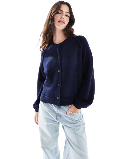 ASOS DESIGN fluffy knitted cardigan with exposed raglan seams in navy