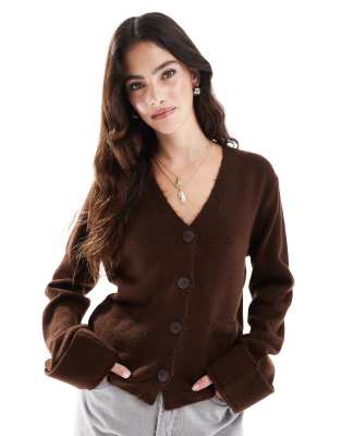 Asos Design Fluffy Knitted Cardigan With Turn Up Cuff In Chocolate Brown