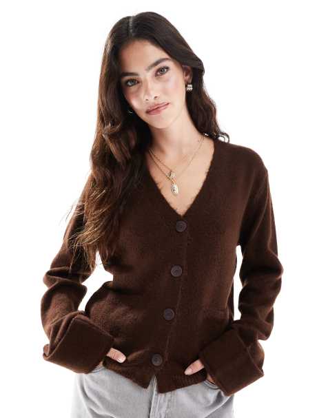 ASOS DESIGN fluffy knitted cardigan with turn up cuff in chocolate brown - view 1