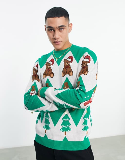ASOS DESIGN fluffy knitted chrismas jumper with teddy & snowman design