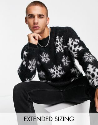 ASOS DESIGN fluffy knitted Christmas jumper with flake design in black