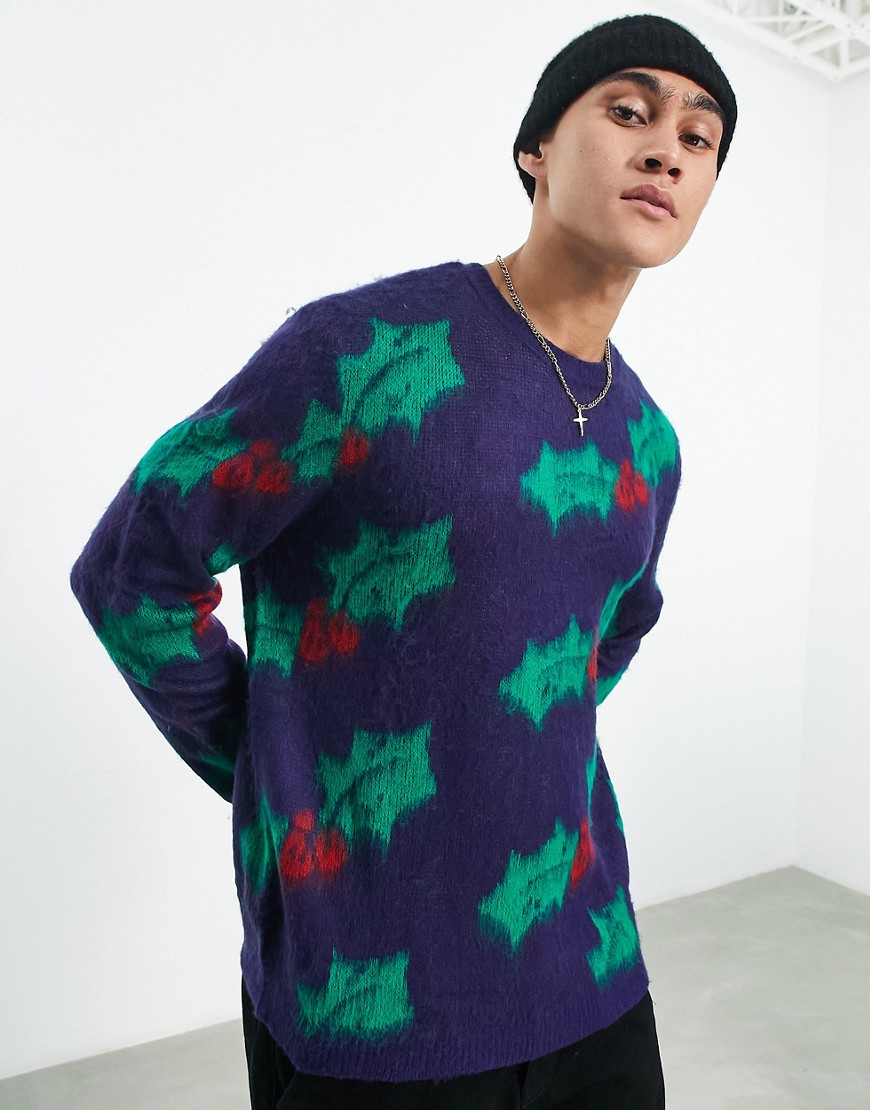 ASOS DESIGN fluffy knitted christmas sweater with holly design-Multi