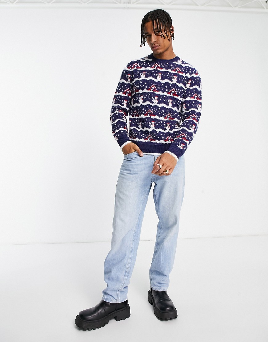 ASOS DESIGN fluffy knitted christmas sweater with snowman design-Blue