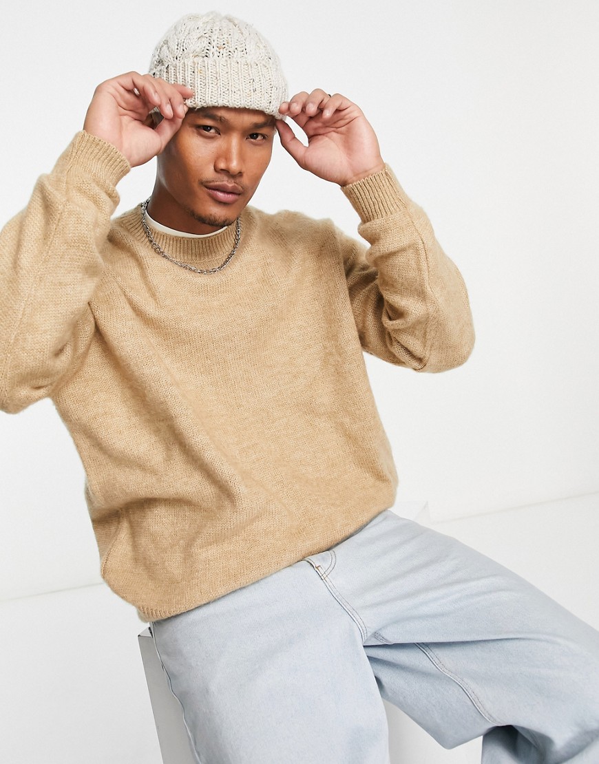 Asos Design Fluffy Knitted Crew Neck Sweater In Beige-neutral