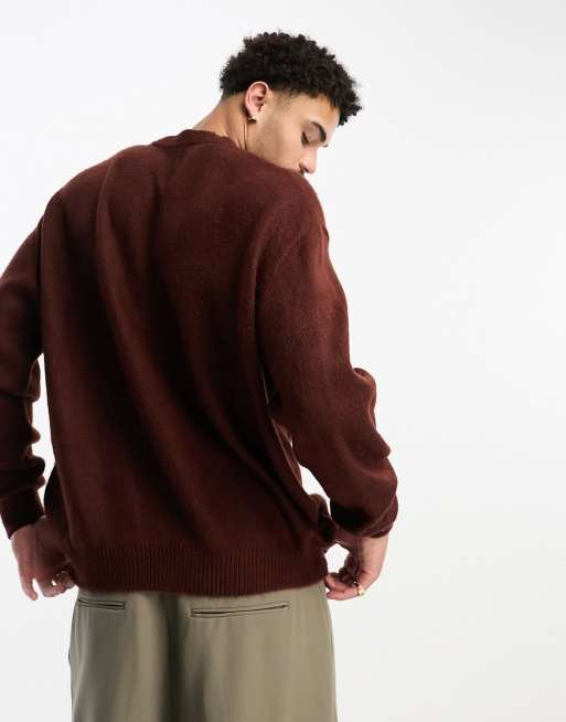 ASOS DESIGN fluffy knitted crew neck sweater in brown | ASOS