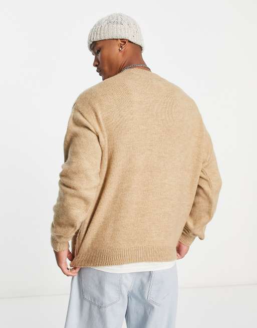 ASOS Design Fluffy Knitted Crew Neck Sweater in stone-Neutral