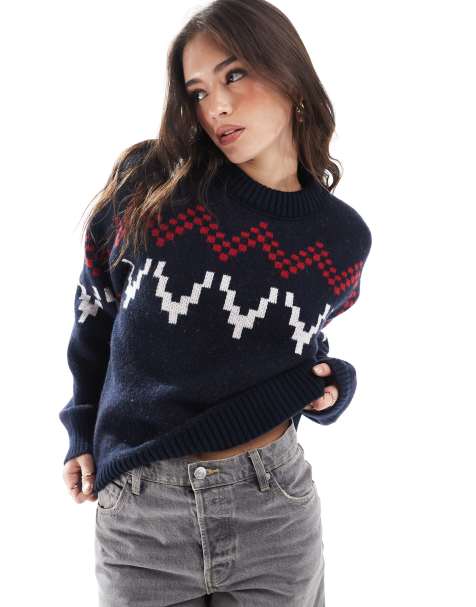 ASOS DESIGN fluffy knitted  fair isle jumper in navy - view 1