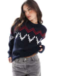 [ASOS DESIGN] ASOS DESIGN fluffy knitted fair isle jumper in navy XS Navy