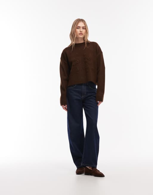ASOS DESIGN fluffy knitted hand embroidered jumper in brown, 2 of 4
