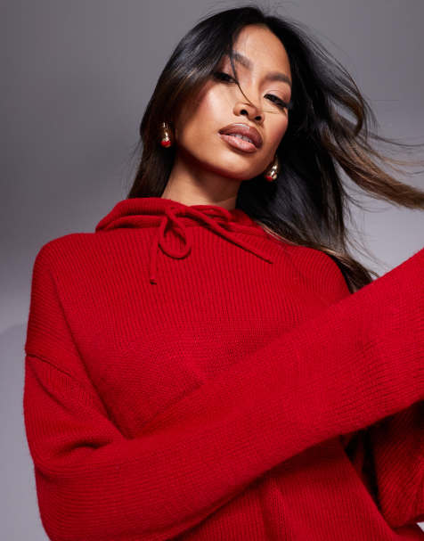 ASOS DESIGN fluffy knitted hoodie co-ord in red - view 1