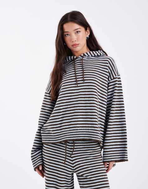 ASOS DESIGN fluffy knitted hoodie in blue and brown stripe (part of a set) - view 1