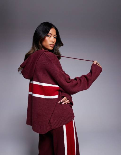 ASOS DESIGN fluffy knitted hoodie in burgundy (part of a set)
