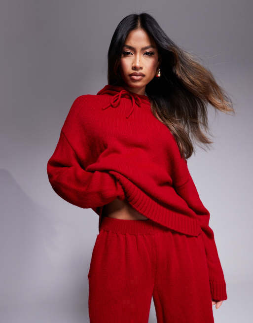 ASOS DESIGN fluffy knitted hoodie in red (part of a set), 2 of 4