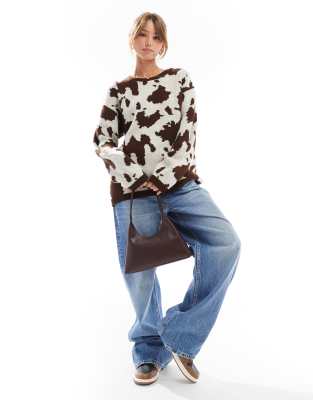 ASOS DESIGN fluffy knitted jumper in cow print-Multi