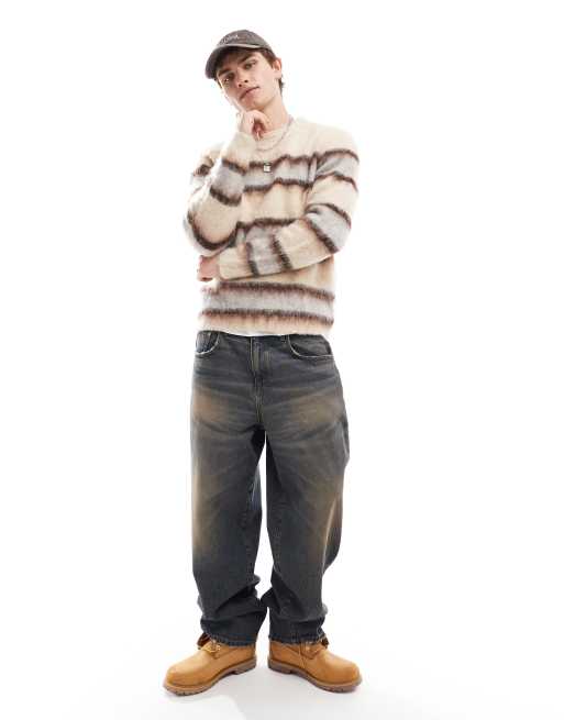 ASOS DESIGN fluffy knitted jumper in ecru and brown stripe, 2 of 4