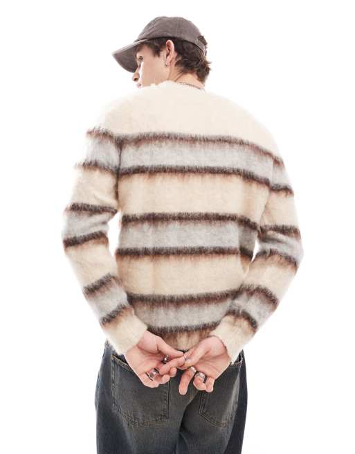 ASOS DESIGN fluffy knitted jumper in ecru and brown stripe, 3 of 4