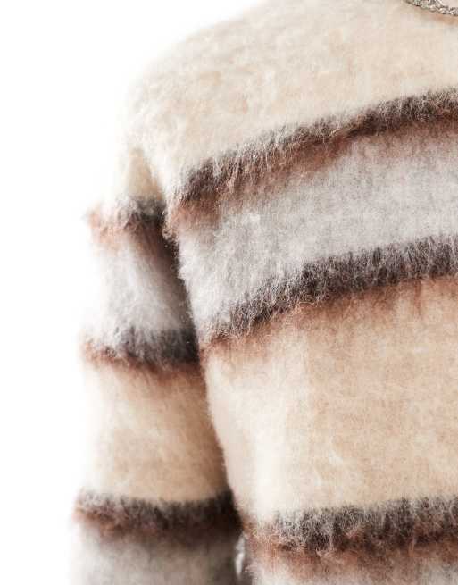 ASOS DESIGN fluffy knitted jumper in ecru and brown stripe, 4 of 4