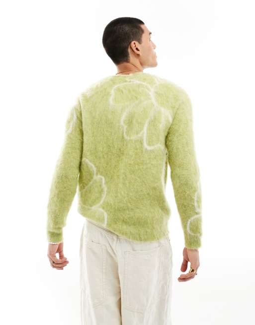 ASOS DESIGN fluffy knitted jumper in green floral pattern, 3 of 4