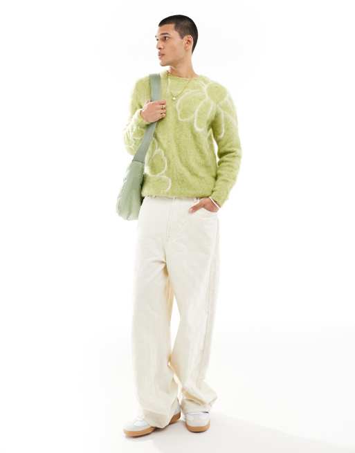 ASOS DESIGN fluffy knitted jumper in green floral pattern, 4 of 4