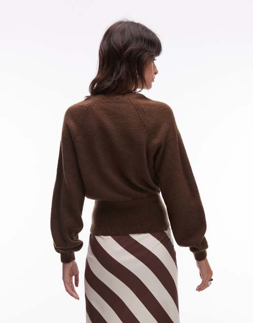 ASOS DESIGN fluffy knitted jumper with cinched waist in brown, 3 of 4