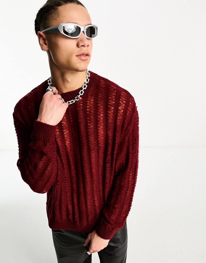 ASOS DESIGN fluffy knitted jumper with laddering in burgundy-Red