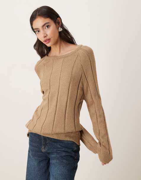 ASOS DESIGN fluffy knitted jumper with wide rib setting in beige - view 1