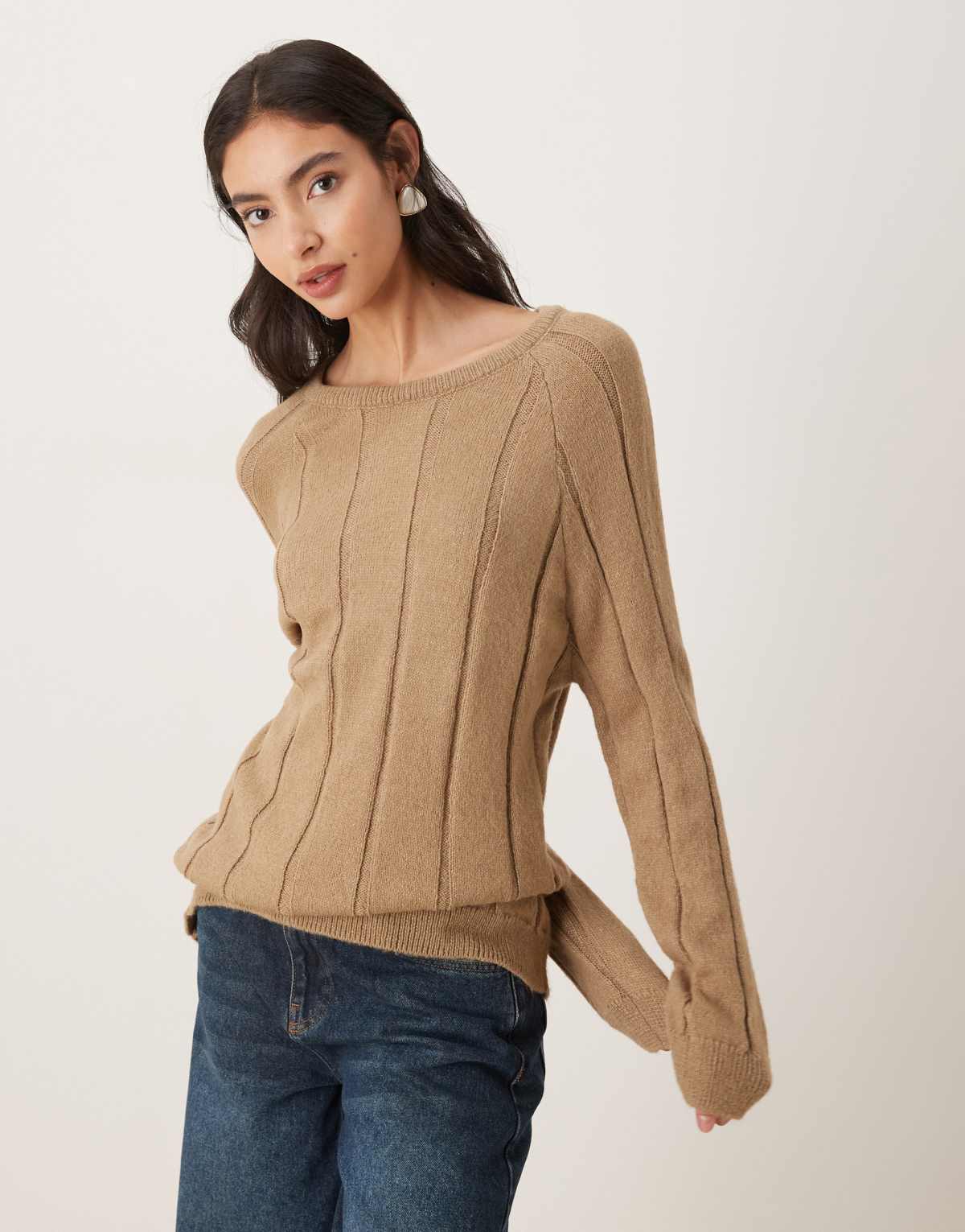 ASOS DESIGN fluffy knitted jumper with wide rib setting in beige