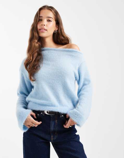 ASOS DESIGN fluffy knitted one shoulder jumper with cinched waist in blue - view 1