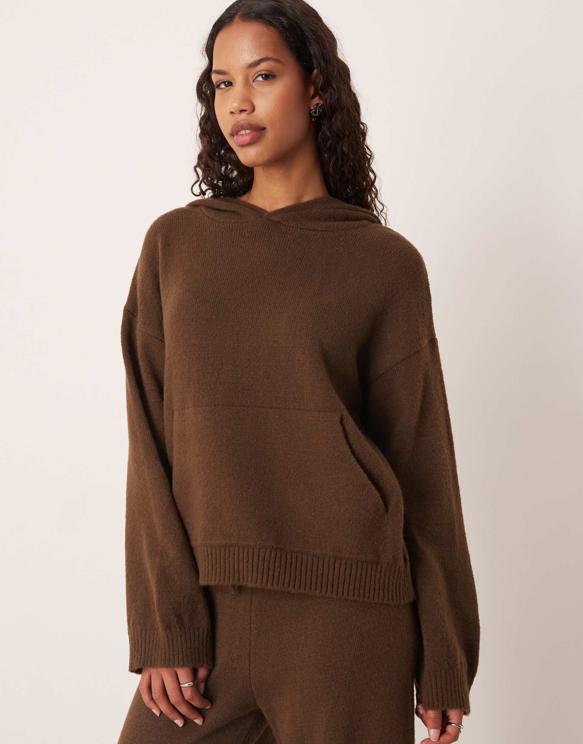 ASOS DESIGN fluffy knitted oversized hoodie co-ord in chocolate brown