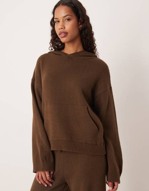 ASOS DESIGN fluffy knitted oversized hoodie co-ord in chocolate brown
