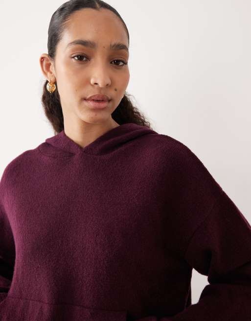 ASOS DESIGN fluffy knitted oversized hoodie in plum (part of a set), 3 of 4